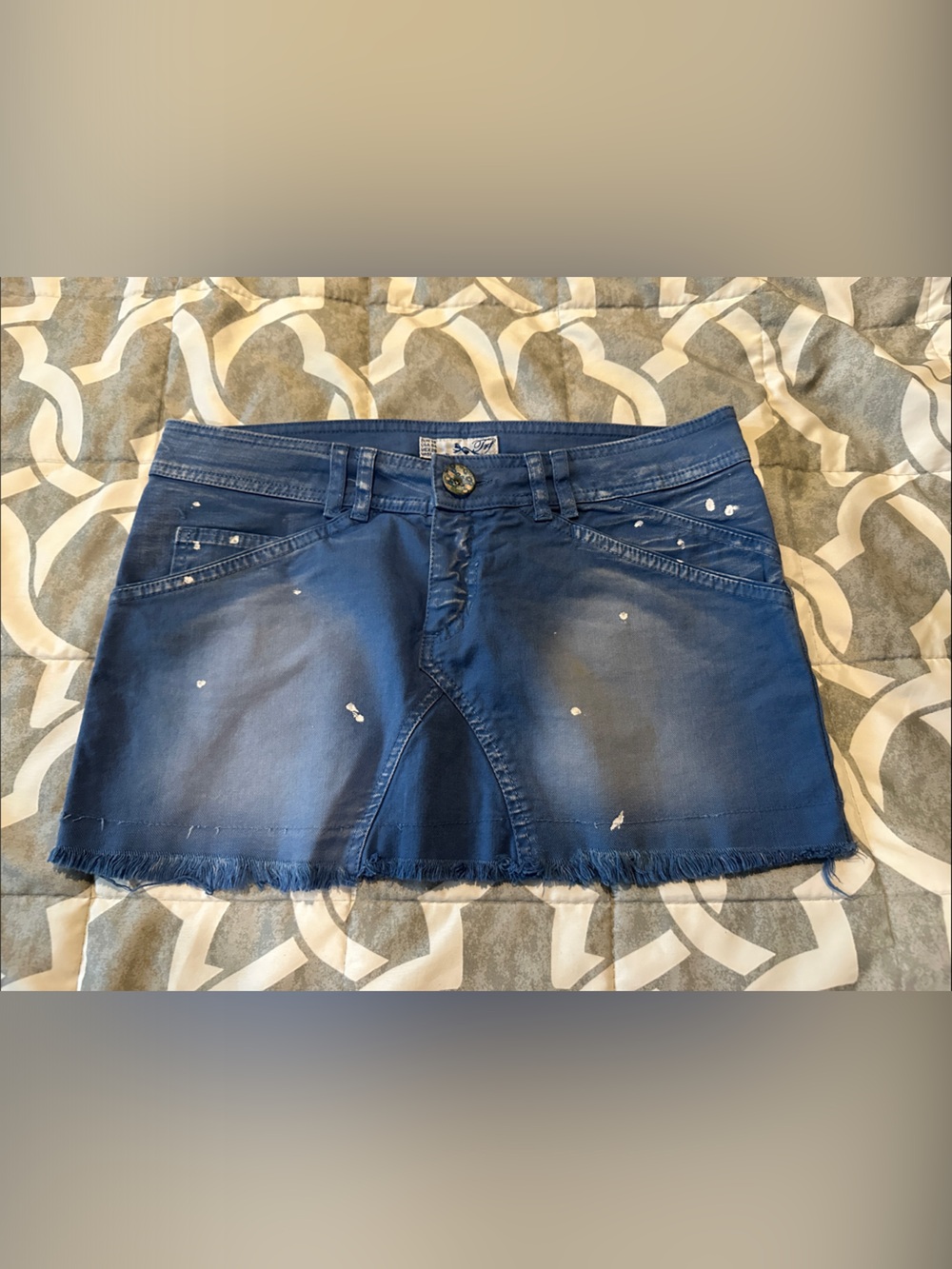 Frye Navy Blue Denim Mini Skirt with Distressed Paint Detail